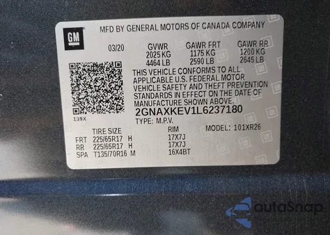 2020 Chevrolet Equinox Fwd Lt 1.5L Turbo from USA, damaged, VIN 2GNAXKEV1L6237180